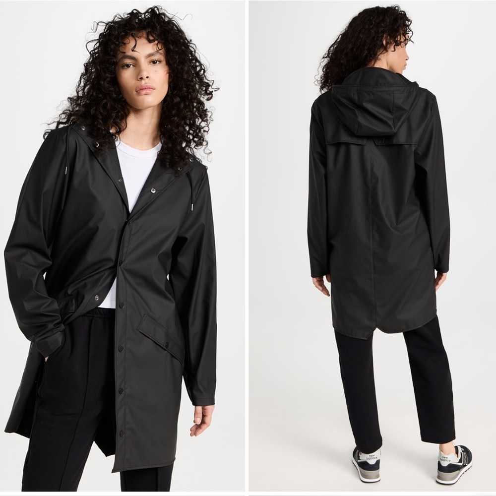 RAINS Long Snap-Front Jacket - Black - Size Small/Medium